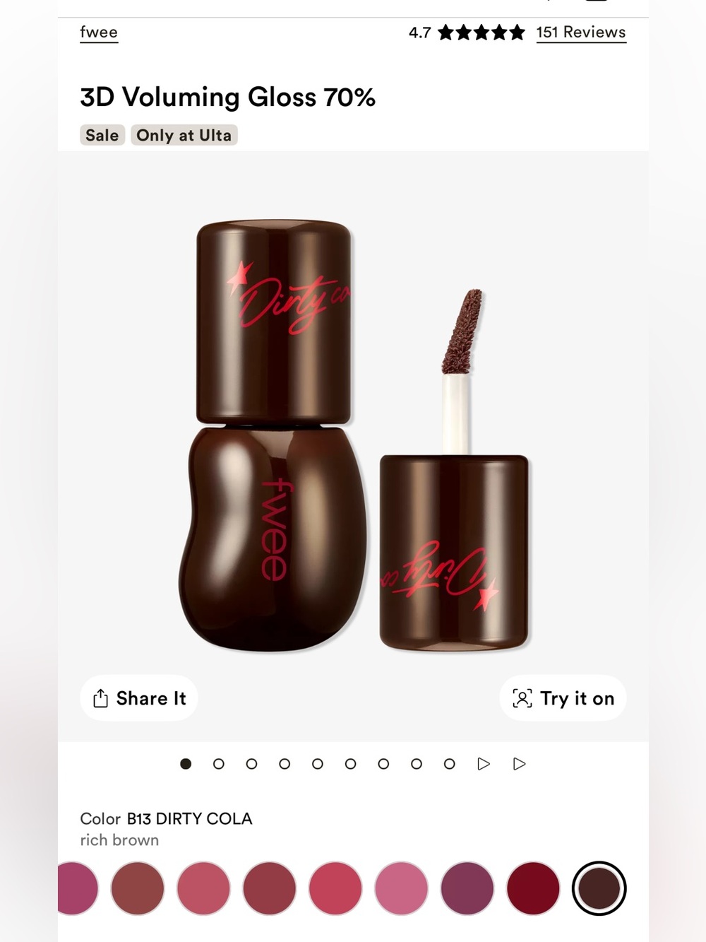 Fwee 3D Voluming Gloss 70% Dirty Cola Rich Brown NWT